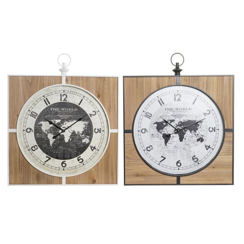 Wanduhr DKD Home Decor Schwarz Weiß Eisen Vintage 60 x 4,5 x 60 cm Holz MDF Weltkarte (2 Stück)